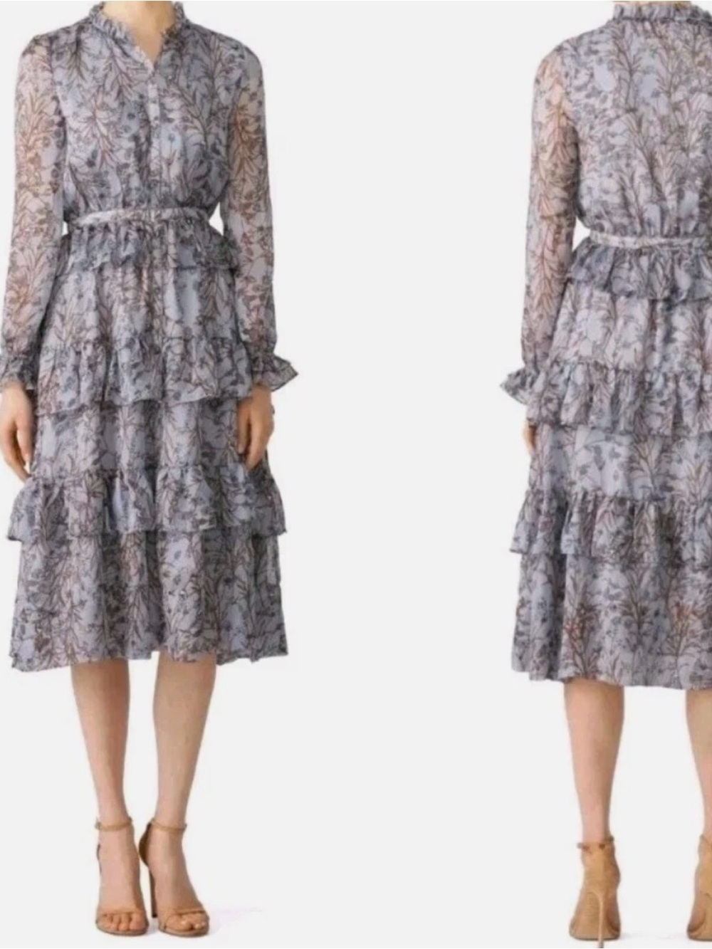 Slate & Willow Sheer Floral Tiered Midi Dress in Light Gray and Lavender